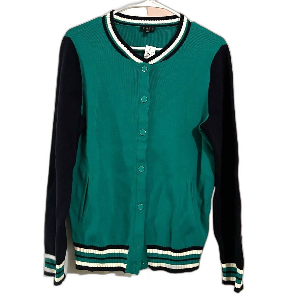 NWT Talbot Sweater Women M Green Blue Cardigan Colorblock Tennis Tunic Crew Neck
